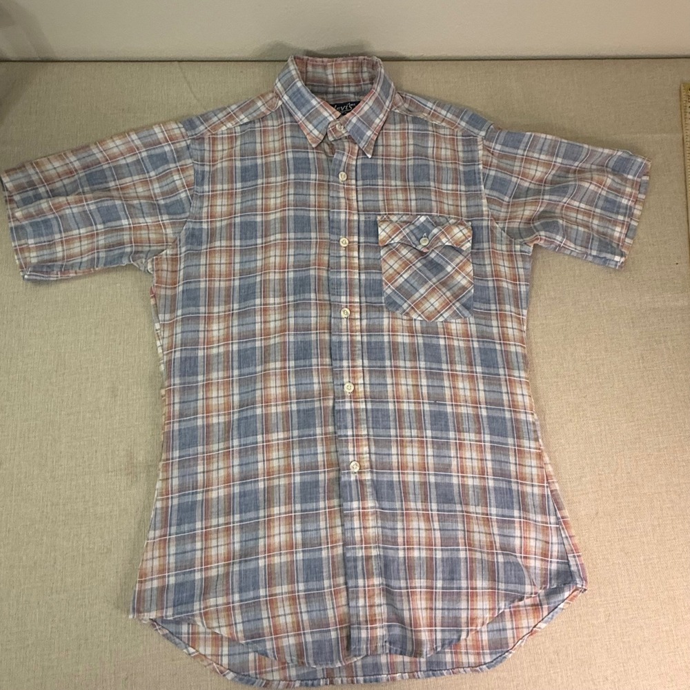 Levis Mens Regular Fit Short Sleeve Plaid Button Down Shirt Blue Orange Size M